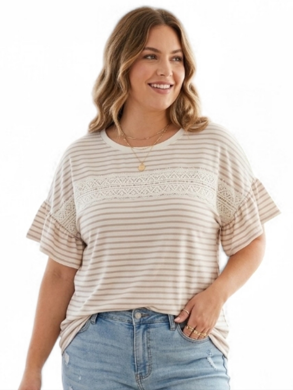Boho Coastal Striped Crochet Lace Flutter Sleeve Summer Top XL/XXL